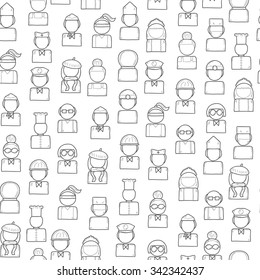 Seamless people profession background: policeman, artist, engineer, nurse, surgeon, waiter, stewardess.  Work occupation concept
