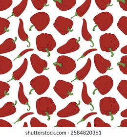 Seamless pepper pattern. Spicy vegetables, red pepper background. Fresh cooking, organic raw food, neat vector print.