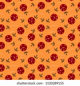 Seamless pepperoni pizza pattern. Cheese texture with salami circles, bright flat cartoon vector illustration. Tileable background.