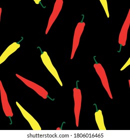 Seamless peppers pattern. Red and yellow peppers on a black background. The print is suitable for textiles.