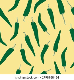 Seamless peppers pattern. Yellow background, small green peppers. The print is well suited for Wallpaper.