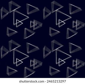 Seamless perforated fabric with a repeating pattern on a black background. Translucent dots form a pattern of vibrating, shifted triangles or arrows. Vector.