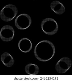 Nahtloses perforiertes Halbtonmuster von Ringen, das Vibration und Rotation simuliert. Perforiertes, sich wiederholendes Muster auf schwarzem Hintergrund. Vektorgrafik.