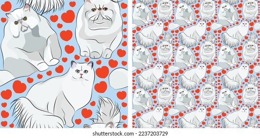 Seamless Persian pattern, holiday texture. Packaging, textile, decoration, wrapping paper. Trendy hand-drawn funny breed wallpaper. Fun seamless Pug square pattern with hearts.Saint Valentines holiday