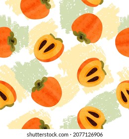 Seamless persimmon fruit pattern. Exotic fruit watercolor vector illustration.