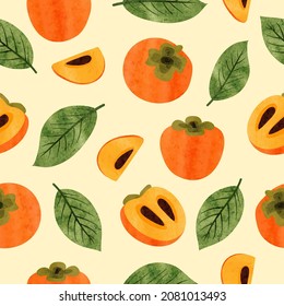 Seamless Persimmon fruit pattern. Vector watercolor illustration with exotic fruits and leaves