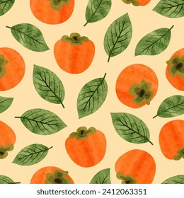 Seamless Persimmon fruit pattern. Vector watercolor illustration with orange fruits and green leaves