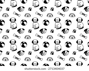 Seamless pet pattern with dogs and accessories. Hand drawn vector background