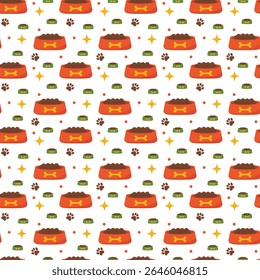 Seamless pet pattern with food bowl and paw for pet design. Dog or cat bowl background