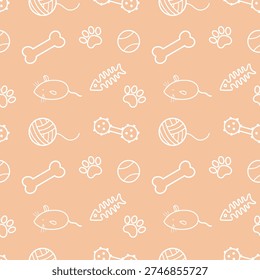 Seamless pet pattern with paw prints, mouse, fish and yarn ball in white outline style on beige background. Cute vector background for fabric, wrapping paper, packaging, wallpaper.