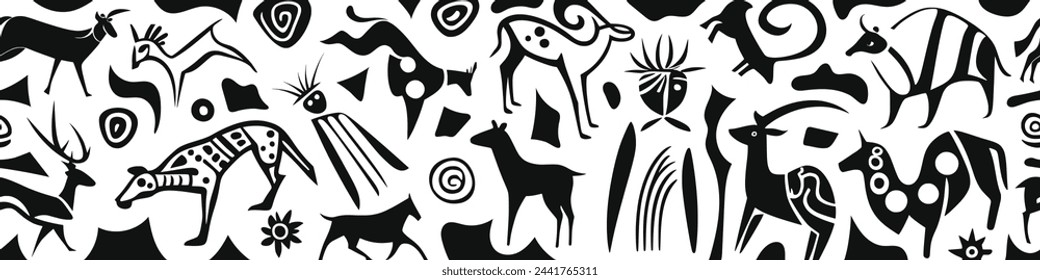 Seamless petroglyph border, rock paintings, isolated on white background, vector design
