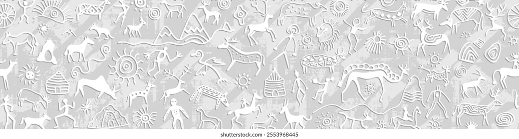 Seamless petroglyph border, rock paintings, light gray background, vector design