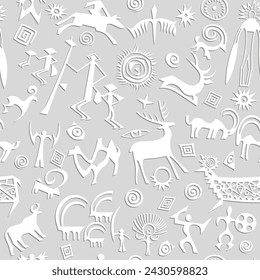 Patrón de petroglifo sin fisuras, pinturas de roca, fondo gris claro, diseño vectorial