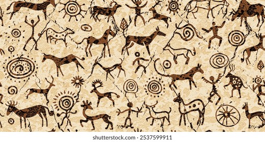 Seamless petroglyph pattern, rock paintings, naive art, vector design