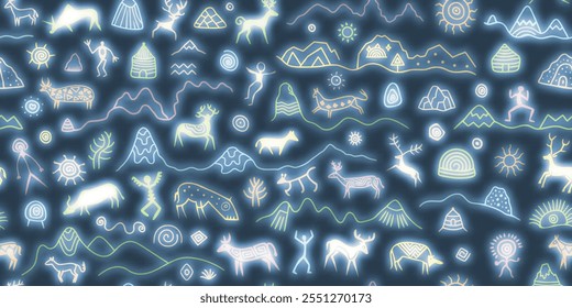 Padrão de petróglifo contínuo, pinturas rupestres, arte ingênua, design vetorial