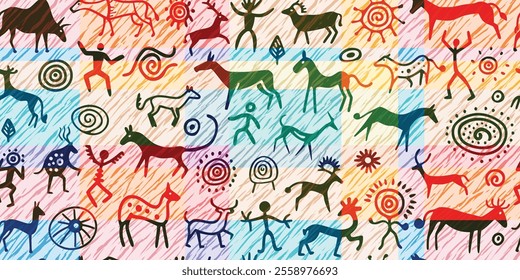 Seamless petroglyph pattern, rock paintings, naive art, vector design