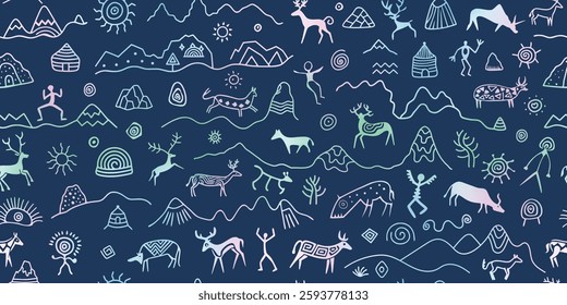 Seamless petroglyph pattern, rock paintings, naive art, vector design