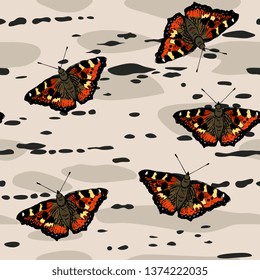 Seamless pettern with bark of birch tree and small tortoiseshell butterflies. (Aglais urticae).