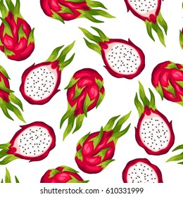 Seamless pettern with dragon fruit isolated on white background. Illustration of tropical plant.