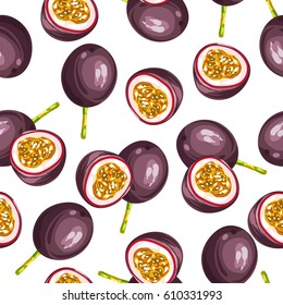 Seamless pettern with passion fruit isolated on white background. Illustration of tropical plant.