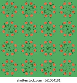 Seamless pfttern. Circular ornament made from apples. Green background. Ideal for website design, advertising, labels, packaging, printing. Vector illustration.