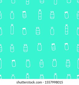 Seamless pharmaceutical pattern. Outline white medicine bottles isolated on blue background. Packages with Medicines, vaccines, vitamins, antibiotics, painkillers. Vector medical stock Illustration