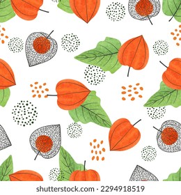 Seamless Physalis flowers, leaves and berries pattern. Winter Cherry watercolor texture
