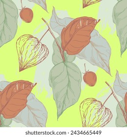 Seamless physalis pattern. Ornament for scrapbooking, prints, clothes, fabrics, textiles, packaging.