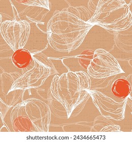 Seamless physalis pattern. Ornament for scrapbooking, prints, clothes, fabrics, textiles, packaging.