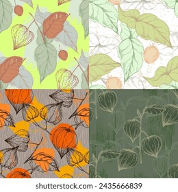 Seamless physalis pattern. Ornament for scrapbooking, prints, clothes, fabrics, textiles, packaging.