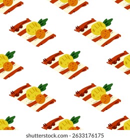 Padrão de Comida em Cobertura de Piquenique Sem Costura — padrão sem costura com cobertores de piquenique, frutas tropicais, óculos escuros e folhas verdes em estilo de desenho animado plano. Layout de verão brilhante sobre fundo branco.