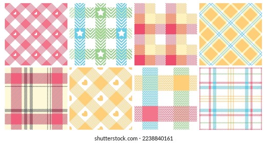 Seamless picnic check pattern. Pastel blanket, comfy plaid for easter spring weekends and geometric intertwined grid vector background set of gingham and geometric tablecloth illustration
