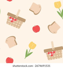 Padrão de piquenique sem costura com cesta, maçã, tulipa e pão - Estilo desenhado à mão