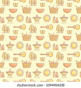Seamless picnic pattern with watermelons, butterflies, barbecue grill, sun, trees, guitars, baskets and other symbols. Summer outdoor recreation and BBQ themes. Vector background in pale colors.
