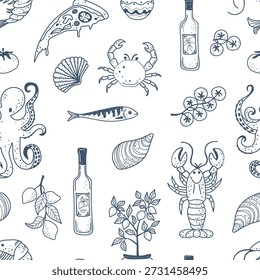 Seamless picnic themed pattern with pizza, fruit, wine and Italian food icons drawn in a casual doodle style.