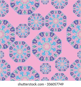 Seamless picture with colorful and circle patterns on the pink background