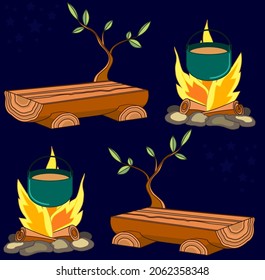 seamless picture sleep pattern travel theme dark background bonfire and log