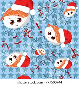 Seamless with a picture of sushi with tiger shrimp and a Santa Claus hat. With the word "Welcome" in Japanese