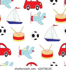 Seamless picture with toys for children with car, plane, the ship, a drum and a soccerball. A vector pattern on a white background