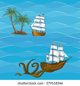 seamless picture vintage sailing ship and kraken at sea