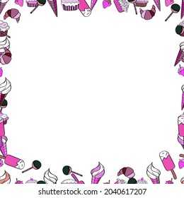 Seamless. Picture in white, black and pink colors. Vector. Quadratic frames doodles.