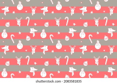 seamless picture with a winter theme, children's sketches, striped background. Children's design for printing on fabric, paper, products, wallpaper, plastic. Warm colors, christmas pattern.