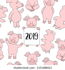 Seamless pig collection set. banner happy new year greeting card. Cute pig cartoon. Vector isolated illustration.  Farm animal icon set. Piggy symbol 2019.