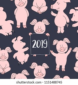 Seamless pig collection set. banner happy new year greeting card. Cute pig cartoon. Vector isolated illustration.  Farm animal icon set. Piggy symbol 2019.