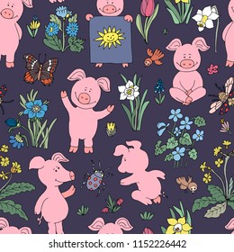 Seamless pig collection set. banner happy new year greeting card. Cute pig cartoon. Vector isolated illustration.  Farm animal icon set with flowers. Piggy symbol 2019.