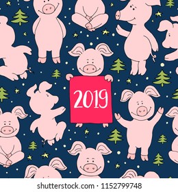 Seamless pig collection set. Banner happy new year greeting card. Cute pig cartoon. Vector isolated illustration.  Farm animal icon set. Piggy symbol 2019.