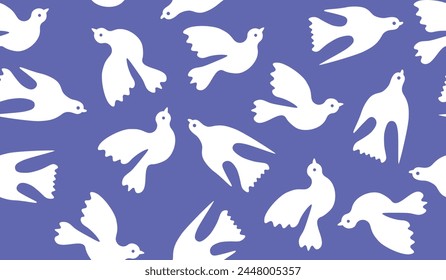 Seamless pigeon pattern, abstract blue background with white birds, for print and design.