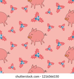 Seamless pigs pattern. Symbol of 2019 on the Chinese calendar. Pig background for textiles, fabrics, cotton fabric, covers, wallpaper, print, gift wrapping, postcard, scrapbooking, bedding.