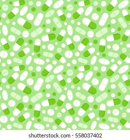 Seamless pill pattern in green color. Healthcare and medicine illustration.