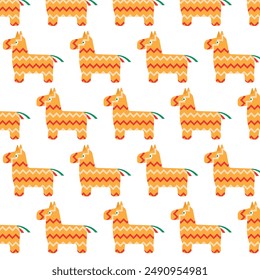Seamless pinata pattern background, colorful Mexican party toys, paper art for holiday celebration. Mexico fiesta, carnival decoration, endless texture, repeatable design. Flat vector illustration